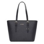 David Jones - Bolso de mano tipo shopping para mujer - Bolso cabás para portátil y diario de hombro en cuero PU con asa larga - Bolso shopper de tamaño mediano - Negro.