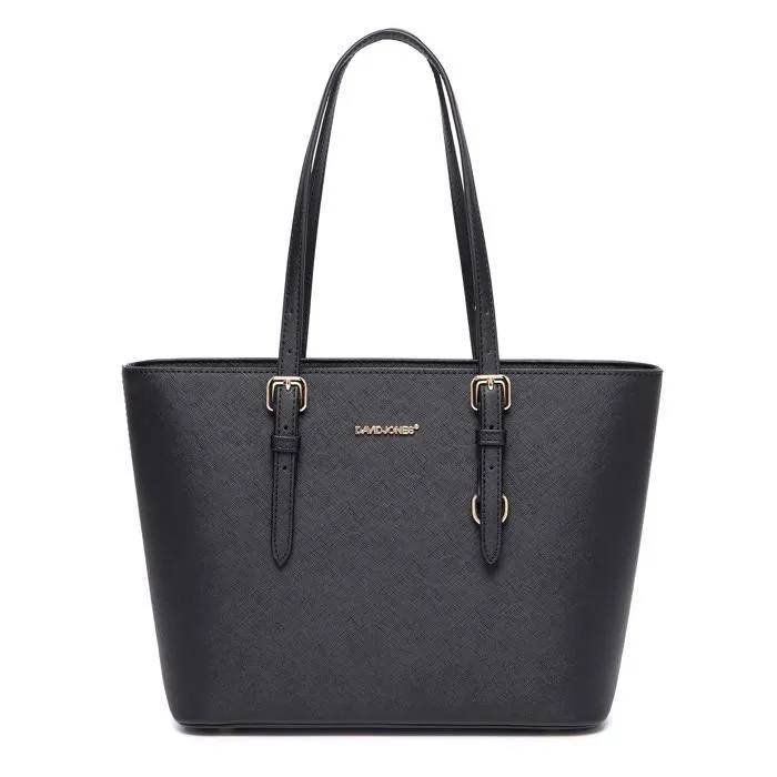 david-jones---sac--main David Jones - Bolso de mano tipo shopping para mujer - Bolso cabás para portátil y diario de hombro en cuero PU con asa larga - Bolso shopper de tamaño mediano - Negro. – Image 1