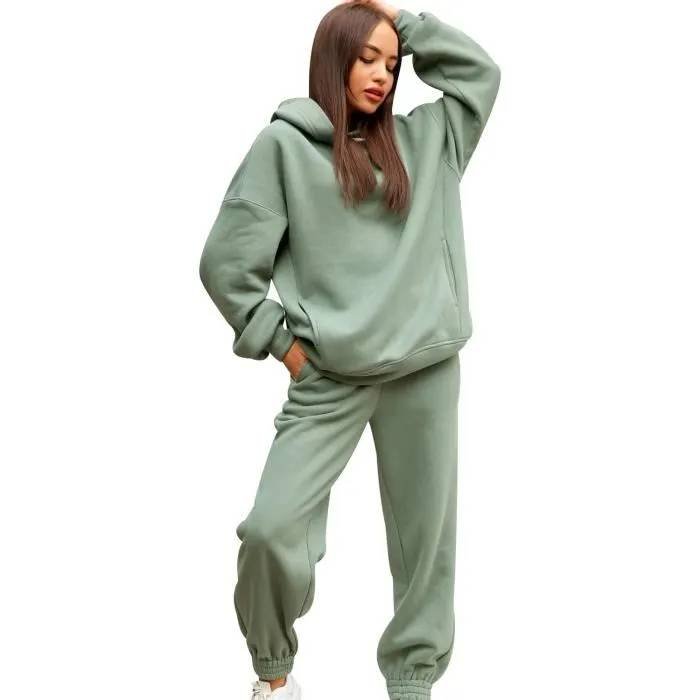 ensemble-jogging-femme-tracksuit-women-set-loungew Conjunto de chándal deportivo para mujer talla grande — Manga larga y tejido transpirable — Verde – Image 1