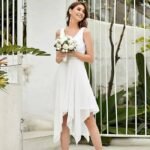 Vestido de cóctel asimétrico para mujer — Largo a la rodilla — Doble escote en V — Sin mangas — Encaje y gasa de seda – Image 2