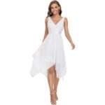 Vestido de cóctel asimétrico para mujer — Largo a la rodilla — Doble escote en V — Sin mangas — Encaje y gasa de seda