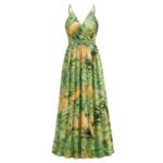 Vestido largo bohemio de tirantes para mujer — Cuello en V — Estampado playero de verano — Verde