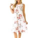 Vestido estampado de verano para mujer — Sin mangas — Corte midi con cuello redondo y bolsillos — Blanco