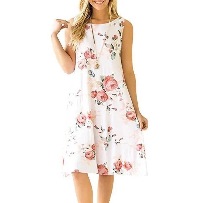 robe-imprime-femme-ete-sans-manches-casual-robe-mi Vestido estampado de verano para mujer — Sin mangas — Corte midi con cuello redondo y bolsillos — Blanco – Image 1