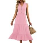Vestido largo de verano para mujer — Cuello en V — Sin mangas — Color liso — Rosa
