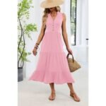Vestido largo de verano para mujer — Cuello en V — Sin mangas — Color liso — Rosa – Image 3