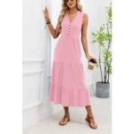 Vestido largo de verano para mujer — Cuello en V — Sin mangas — Color liso — Rosa – Image 4