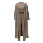 Conjunto de punto de 3 piezas para mujer — Caqui — Cintura elástica — Otoño/Invierno