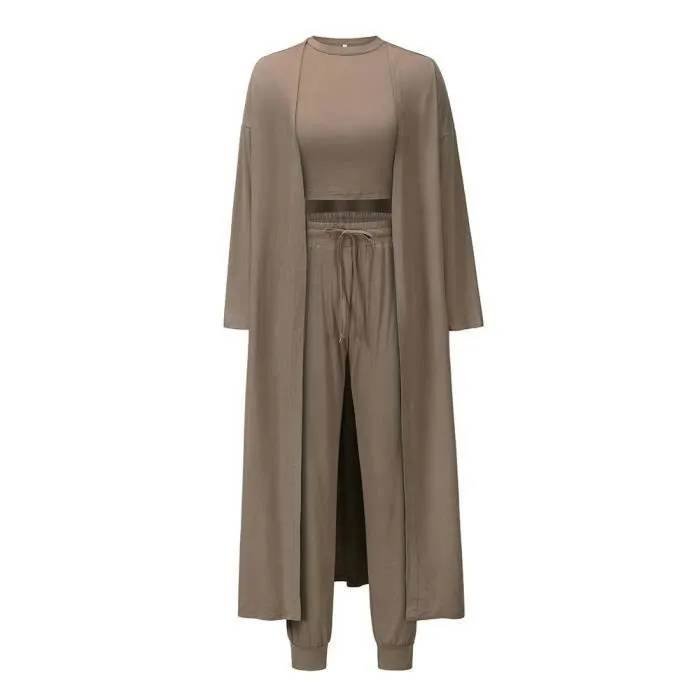 vetement-femme-tricot-3-pieces-ensemble-cardigan-d Conjunto de punto de 3 piezas para mujer — Caqui — Cintura elástica — Otoño/Invierno – Image 1
